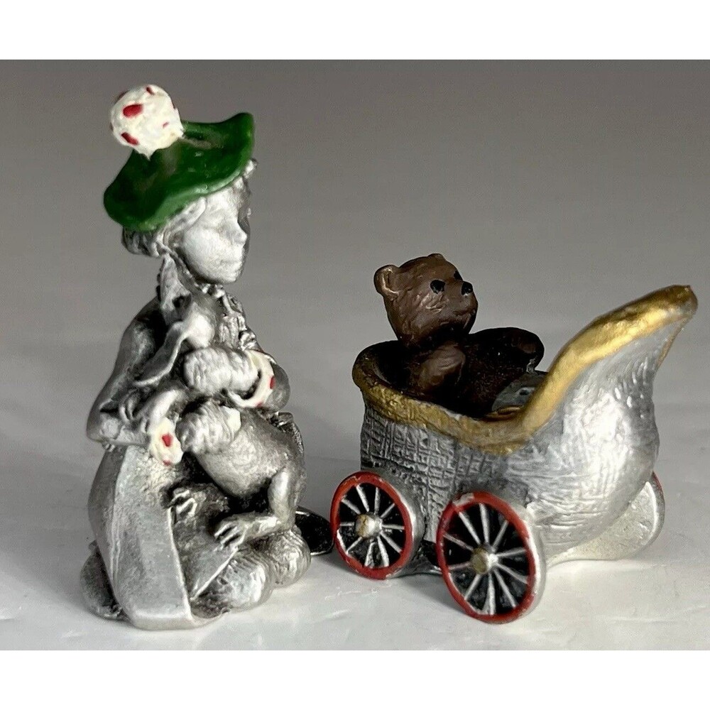 Hudson Pewter Villager Rare Dachshund Dog 1988 & Teddy In Buggy 1991 Child 4295